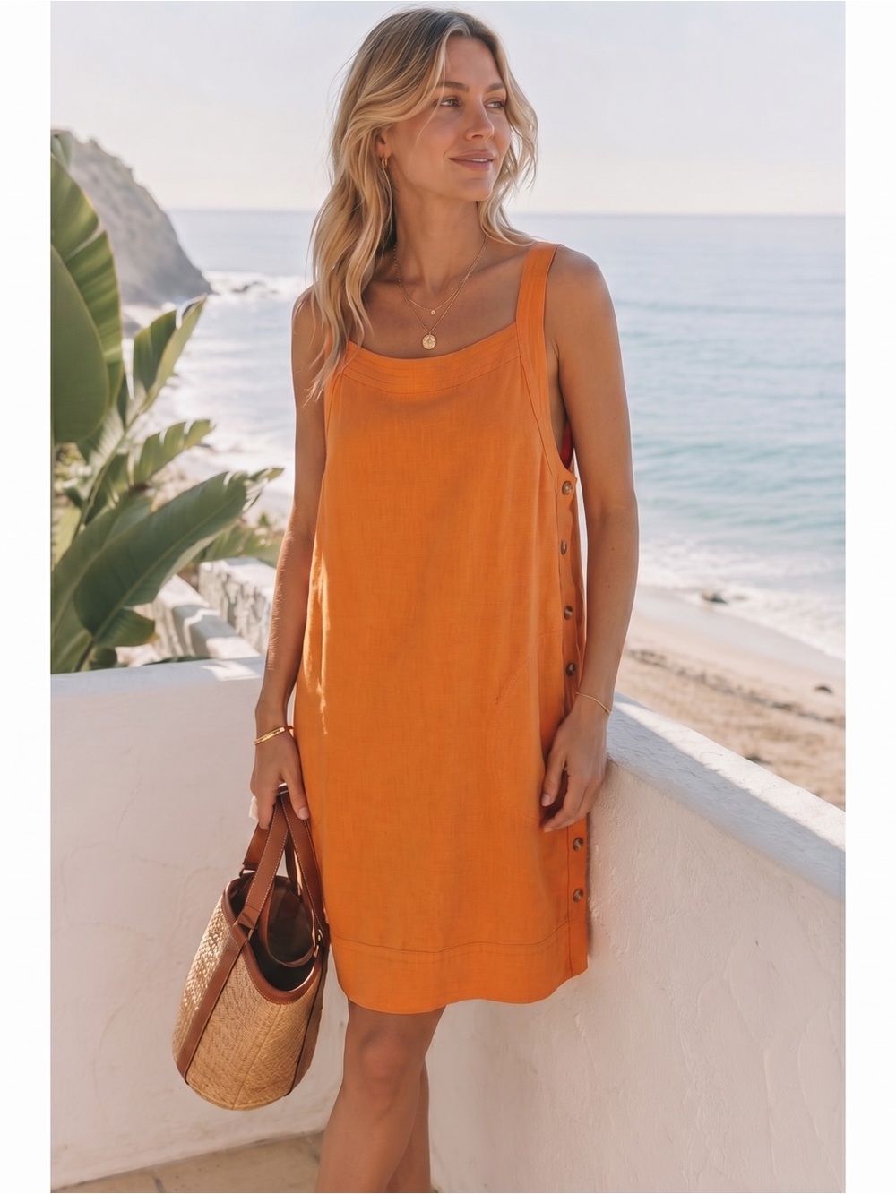 FOR CYNTHIA Linen Button Accent Shift Dress